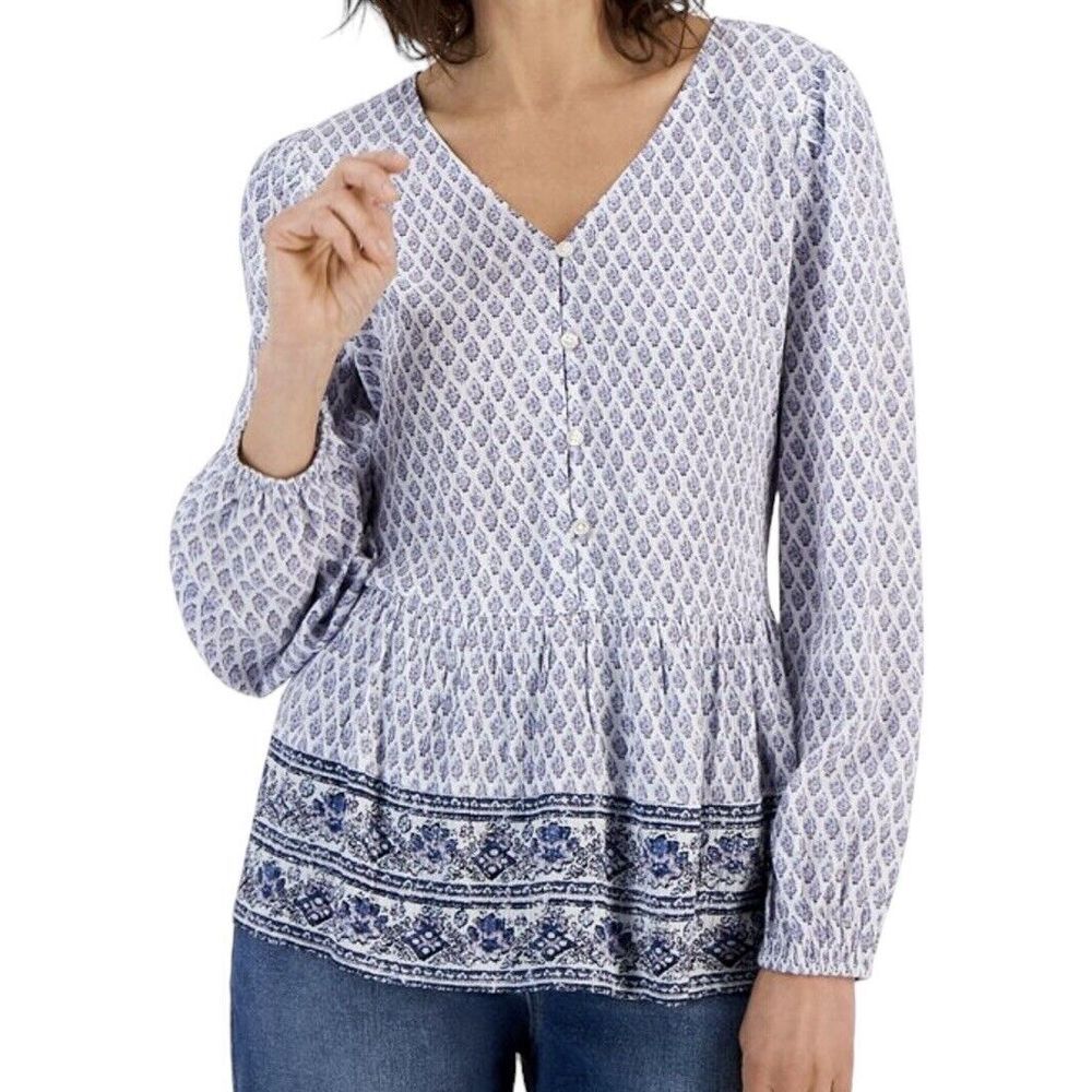 Style &‎ Co Tunic Top Women's Size XXL Blue/white Relaxed Beach Long Sleeves